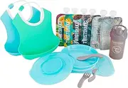 TWISTSHAKE Click-mat Mini Children's Crockery Set Bundle with 2 x Bibs, Drinking Bottle, 6 x Squeeze Bags, BPA-, Pastel Blue/Pastel Green