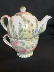 Don Swanson English Garden Tea For One Nesting Teapot & Cup Stackable Floral