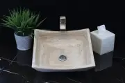 Travertine Square Vessel Bathroom Sink, Polished Limestone, Small Beige Sinks