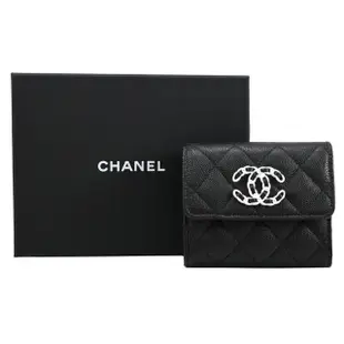 【CHANEL 香奈兒】限定款經典雙C LOGO菱格紋牛皮三折扣式零錢短夾(黑)