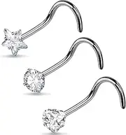 [COCHARM] Hypoallergenic Grade 23 Titanium Nose Stud, 20G S-Shape Nose Screw Piercing Jewelry for Women & Men, 2mm 3mm CZ Diamond 6mm 7mm Length Surgical Steel Corkscrew