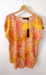 New TAHARI Womens XL Tropical Leaf Print 100% Linen Short Sleeve Top Tee Shirt