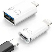 2-Pack iOS Port Adapters, iOS to USB-C 3.1 Fast Charging & High-Speed Data Sync + iOS to USB-A 3.0 OTG Converter, for iPhone, iPad, MacBook, Android, USB Flash Drives, SSDs, Keyboards, and More
