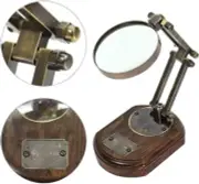 5X Brass Desk Top Magnifying Glass with Adjustable Stand and Wooden Base Vintage