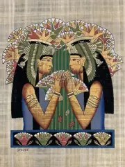 Vintage Hand Painted Egyptian Papyrus Nekhbet Vulture Goddesses 12x16”