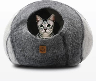 Large Wool Cat Cave Premium Felt Bed for Cats & Kittens Pet House Natural 100% M