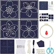 FREEBLOSS 4 Set Sashiko Coasters DIY Kit with Instructions Pre- Printed Sashiko Kit for Beginners Sashiko Practice Project Flower Embroidery Kit Sashiko Printed Cloth Coaster for Housewarming