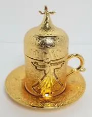 New Mevlana Rumi Dervis Metal Tea Espresso Cup w/ Top Saucer Set - Gold Color