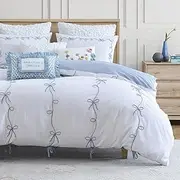 [Peri Home] Bow Bedding Duvet Cover Cottage Core Vintage Country 100% Cotton 3-Piece Set, Full/Queen, Blue Sasha Bows