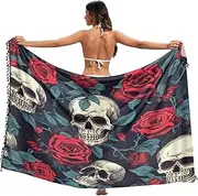 [RPLIFE] Skulls Red Roses Sarong Wrap Cover Up, Fringe Skirt Swim Cover up for Summer Pool/beach, Large, Skulls Red Roses, Medium