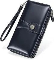 [SlowTon] Women's Wallet Zippered PU Leather Wallets Patchwork Zip Around Wallets Large Capacity Credit Card Holder with Grip Hand Strap and Metal Clasp for Girls Ladies Women
