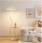 Indoor Floor Lamps Modern Mid-Century Gold Arc Floor Lamp with Shelf, Floor Standing Lamp with Pleated Cloth Lampshade & Marble Base for Living Room Bedroom Foyer Standing Lamp(White)