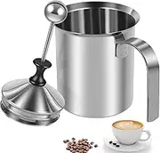 Abizarch Manual Milk Frother 400ML 304 Stainless Steel Hand Pump Milk Foamer with Handle Lid Double Mesh Cappuccino Foamer Handheld Milk Creamer for Cappuccions Coffee Latte(400ml)