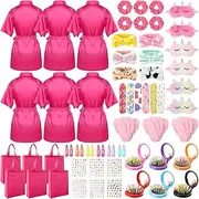 THE KING HIS QUEEN 60 PCS Spa Party Favors for Girls Sleepover Party Supplies Robes Spa Headband Slippers Nail Files Decals