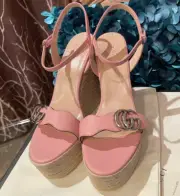 HOT! Gucci GG Marmont Leather Platform Wedge Sandals Sz EU 40/8.5-9 US Wild Rose