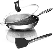 Hybrid Nonstick 12.5Inch Wok Pan with lid Honeycomb Work with Handle Woks & Frying Wok Pan PFOA Free Cookware Suitable for Induction Ceramic Electric and Gas Cooktops
