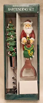 Boston Warehouse Christmas Bartending Set Santa Opener/Christmas Tree Corkscrew