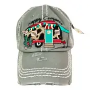Kbethos Vintage NWT 100% Cotton Gray Happy Camper Cheetah Print Embroidered Cap
