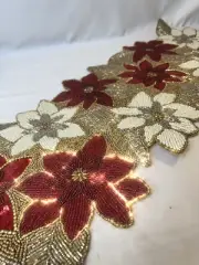 Cynthia Rowley Beaded Table Runner Holiday Christmas Gorgeous Gold Red Poinsetti