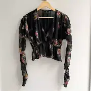[steve madden] floral sheer chiffon ruched sleeve v neck blouse black multi XS