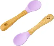 Bamboo Baby Feeding Spoons with Soft Curved Silicone Bowl Tips for Toddlers and Infants (2 Pack, Lilac)
