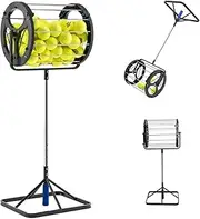 Tennis Ball Picker, 2 in 1 Tennis Rolling Collector Basket with 80 Balls Capacity, Automatic Ball Hopper with Adjustable Height, Funnel Grabber with Handle, for School, Gym, Club