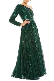 [MAC DUGGAL] EMERALD SEQUINED ONE SHOULDER GOWN US 12 GREEN