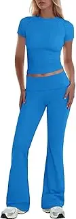 [PTOLOCIF] Womens Summer Two Piece Outfit Short Sleeve Crop Top and Low Rise Flare Pants Set 2 Piece Yoga Workout Set Tracksuit