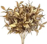 Artificial Plants for Christmas, CATTREE Plastic Grass Faux Shrubs Fake Leaves Simulation Bushes Home Indoor Outdoor Garden Wedding Festival Decoration Hall Office Table Planter Filler – Gold 2 Pack