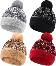 [Mumucove] 4 Pcs Winter Beanie with Pom Pom Women Sequin Hat Glitter Hat Sequin Faux Fur Hat Warm Winter Skull Cap for Women Supplies, Black, Silver, Gold, Wine Red, One Size