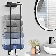 Ssumght Towel Rack with Shelf for Bathroom Wall Mounted,Retractable Height Metal Bath Towel Rack with Reliable Hooks Storage for Rolled Towel