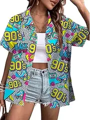 [YHHR] 80s 90s Hawaiian Disco Shirt Retro Themed Party Neon Outfits 80s 90s Style Button Down Blouse Tops
