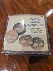 Winter Geese Coaster Set of Six Tin 3.5" NIB Goose Blue White Cork