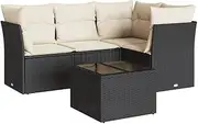 vidaXL Outdoor Garden Sofa Set with Cushions - Modular 5-Piece Black and Cream Poly Rattan Patio Lounge with Glass Tabletop