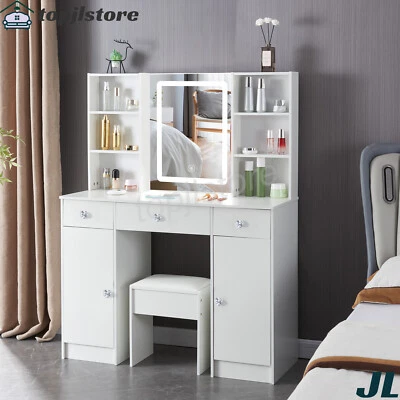 Dressing Table Light Mirror Stool Set Girls Vanity Makeup Desk Drawer Organizer