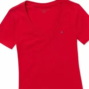 TOMMY 經典V領Logo素面短袖T恤(女)-紅色