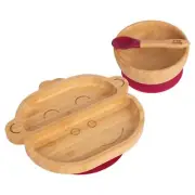 3pc Tiny Dining Red Bamboo Monkey Baby Feeding Set with Suction Cup