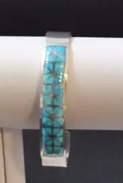 Zuni Native American InlayTurquoise Stones Bracelet SS 925 Cuff Sign GMT Tuscon