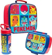 Pokemon Children's Insulated Lunch Bag, School Lunch Box and Drinking Bottle Set - 3-Piece (Red/Blue)