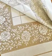 Vintage 1950 New Quaker Lace Florette Rose Beige Tablecloth Dinner Cloth 70x90