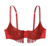 Victoria's Secret VERY SEXY Fringe Open Quarter Cup Shine Strap Bra XL Red