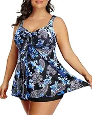 [Holipick] Two Piece Plus Size Tankini Swimsuits for Women Tummy Control Swim Top with Shorts Long Flowy Bathing Suits