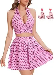 [Ovokcina] Women's 3pcs Sexy Halter Crop Tank Top with Short Skirts Sets Going Out