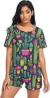[RPLIFE] Cute Cactus Plant Green Pajamas Set for Women, Juniors Summer Pajamas Sets, Cute Cactus Plant Green, XX-Large