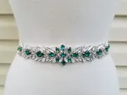 Wedding Belt, Bridal Belt, Crystal Rhinestones, Opal & Hunter Green Stones