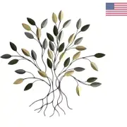 16" Tree of Life Wall Decor - Metal Art with Green and Gold Leaves