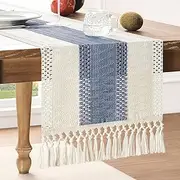 ZeeMart Macrame Style Bicolor Stitching Table Runner, 14 x 72 Inch Blue/Ivory, Boho Blue Table Runners 72 Inches Long, Farmhouse Woven Home Decor