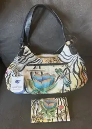 ANUSCHKA Hand-painted Leather Dragonfly Jungle Hobo Shoulder Bag NWT + Wallet