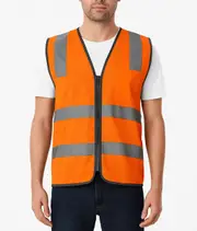 Hi Vis Safety Vest Reflective Tape Zip Up Workwear Pocket High Visibility in Orange