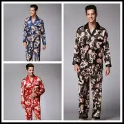 Men Satin Faux Silk Pyjama Sets Sleepwear Nightwear Chinese Dragon Night Gown